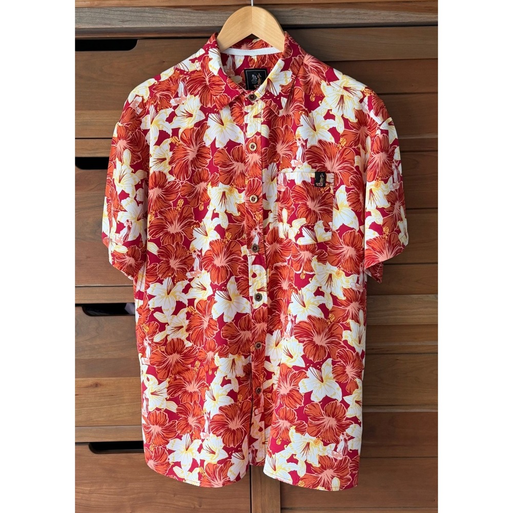 Hinano Tahiti Men's XL Red White Floral Button Down Short Sleeve Shirt Casual
